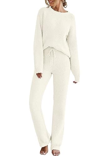 MEROKEETY Womens Pajama Sets 2025 Fall Lounge Sweater Set Cute Fuzzy Fleece 2 Piece Long Sleeve Cozy Winter Pj Outfits, Beige, Medium
