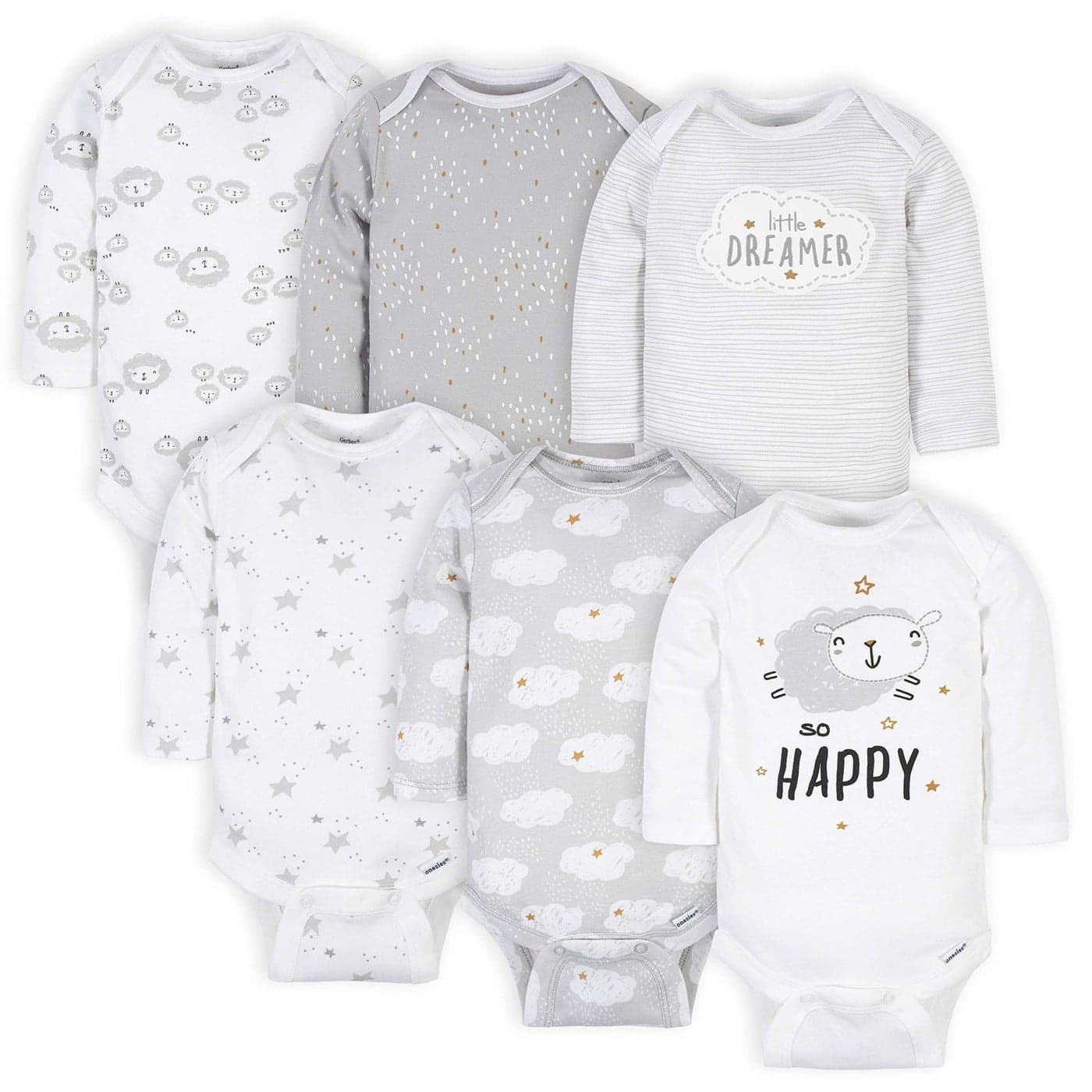 Gerber Baby 6 Pack LongSleeve Onesies Bodysuit Sheep Grey Newborn