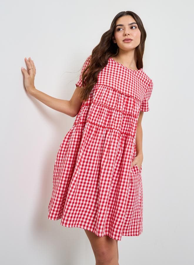 Red Gingham Check Pocketed Mini Dress