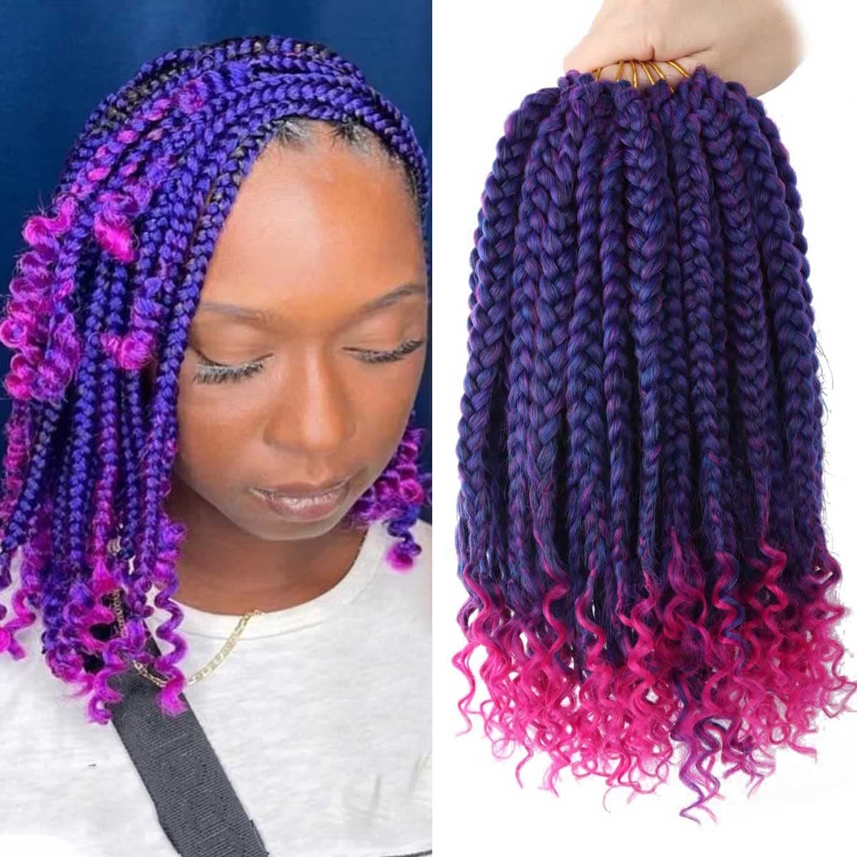 6 Packs Crochet Box Braids Curly Ends 10 Inch Crochet Hair for Kids Bohemian Bob Box Braids Crochet Hair for Black Women 10 Inch T1BPurplePink