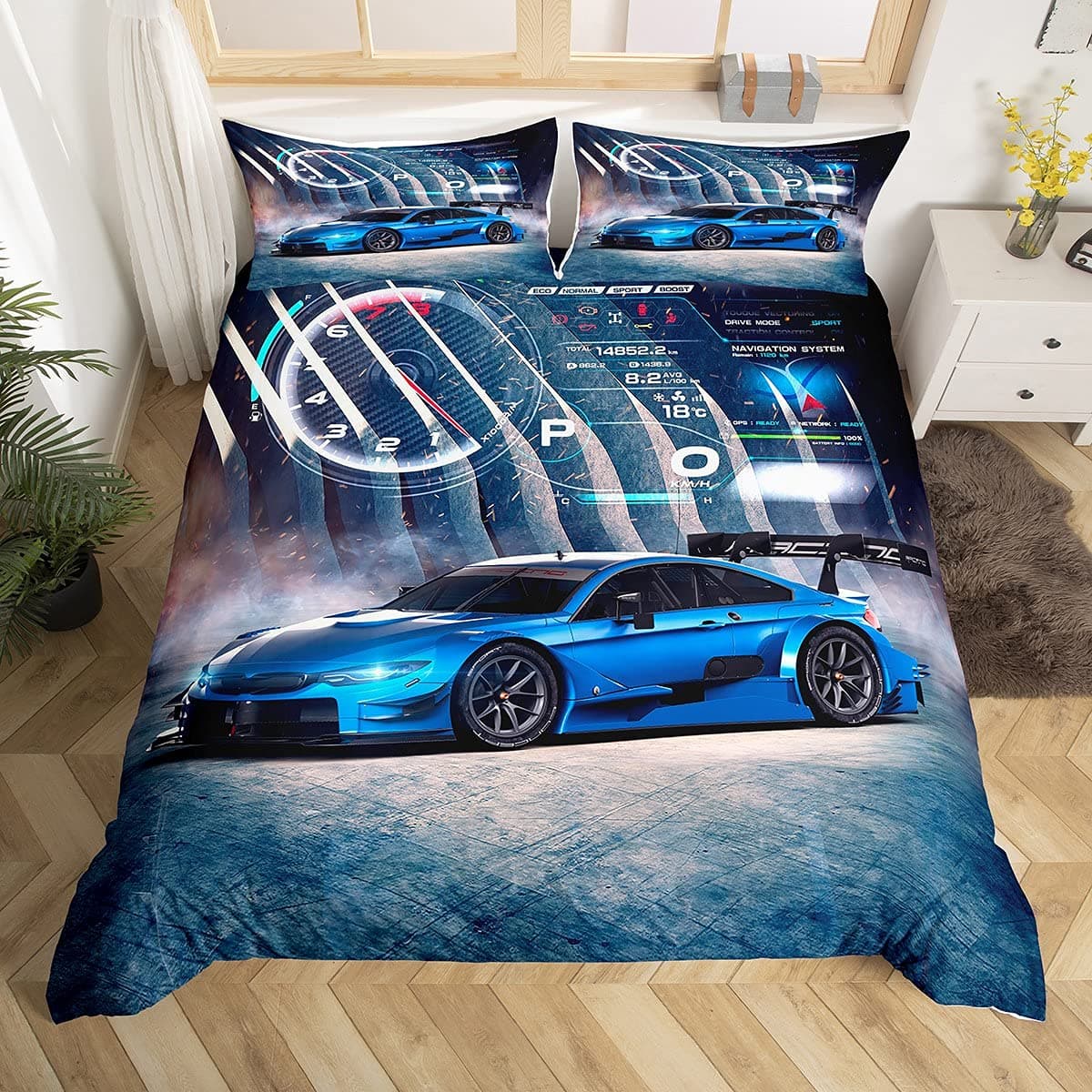 Racing Car Duvet Cover Sets Double Size Boys and girls Race Car Bedding Set Speed Sports Automobile Comforter Cover Man Fashion Bedroom Decorations 3 Pcs with 2 Pillowcases Blue Grey