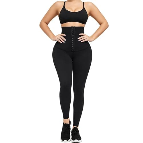 QFE High Waisted Tummy Control Yoga Pants Compression Leggings for Women Workout Running Butt Lifting Gym Scrunch Shapewear Corset Waist Trainer Body Shaper Long Mid-Length Athletic Fitness Black L