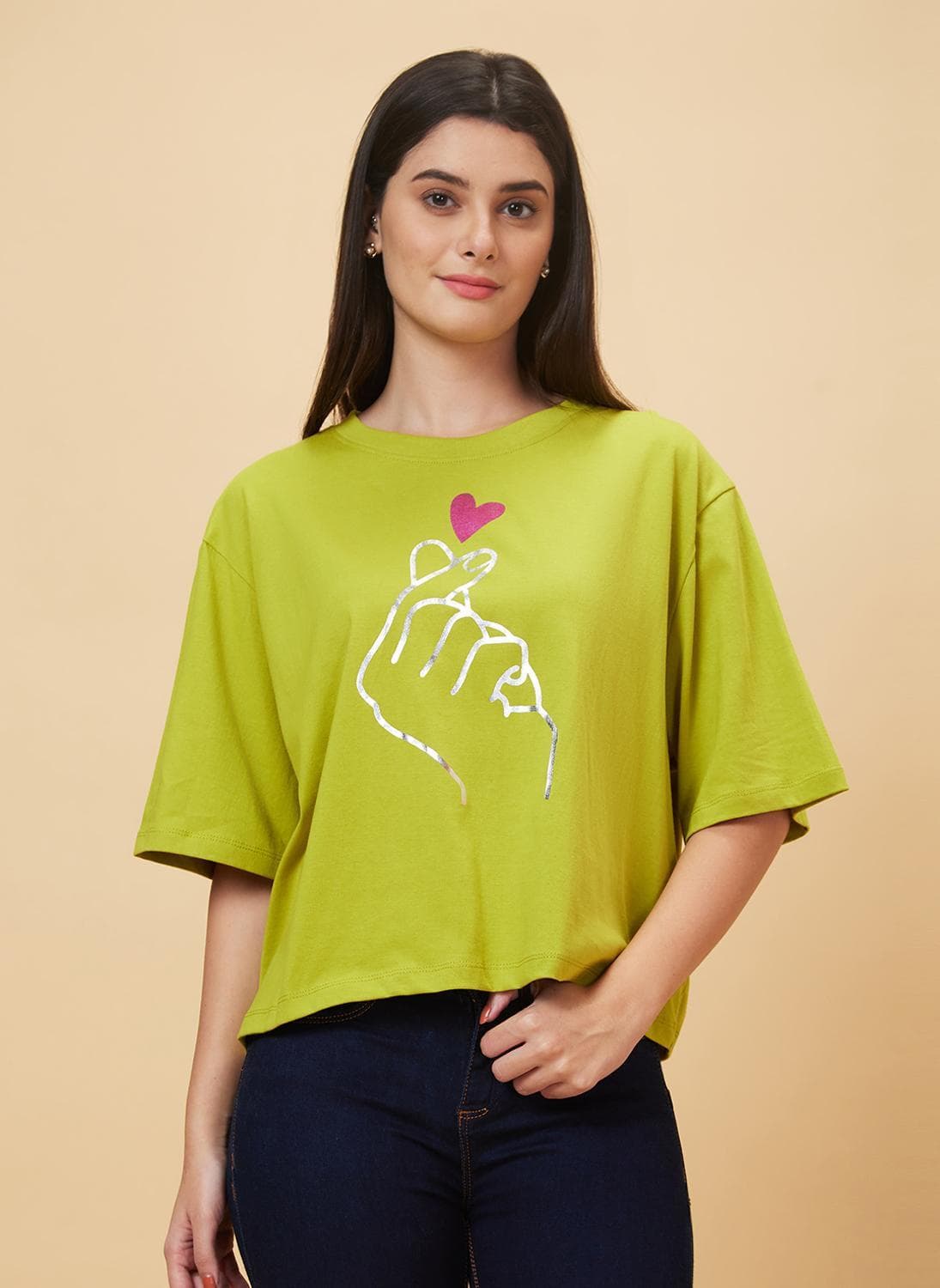 Globus Women Drop Shoulder Korean Graphic Printed Oversized Crop T-Shirt