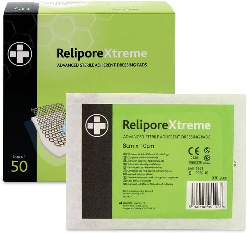 Reliance Medical Sterile Relipore Xtreme Adhesive Dressing Pads for High Exudate Wounds with Unique Absorbency Technology 10 cm x 8 cm Box of 50
