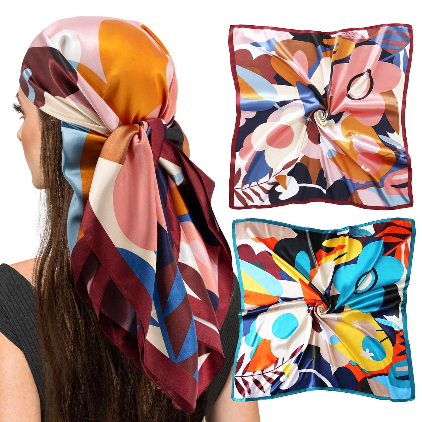 vimate silk head scarf for women, 2 pack 35'' square satin hair scarf bandana for sleeping at night (2 Pack-G)
