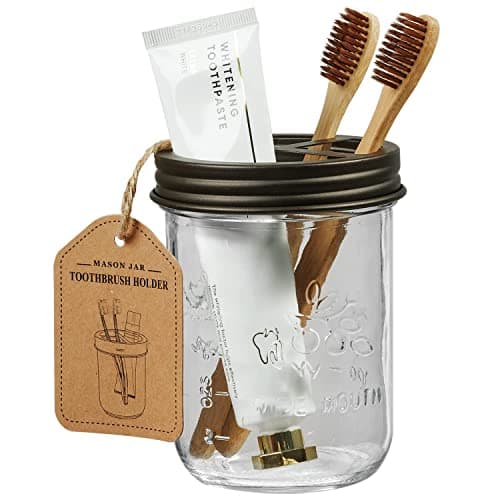 Amolliar Mason Jar Toothbrush Holder- Rustproof Stainless Steel - Holds 2 Toothbrushes and Toothpaste,with Chalkboard Labels - Farmhouse Décor Bathroom Countertop and Vanity Storage Organizer,Bronze
