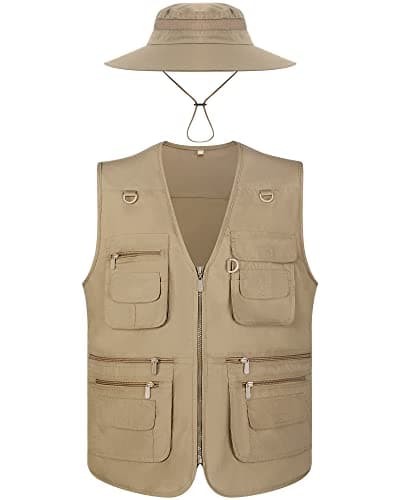 Janmercy 2 Pieces Mens Work Fishing Vest with Hat Lightweight Safari Travel Hunting Waistcoat With Multi Pockets Fishing Hat Dark KhakiS