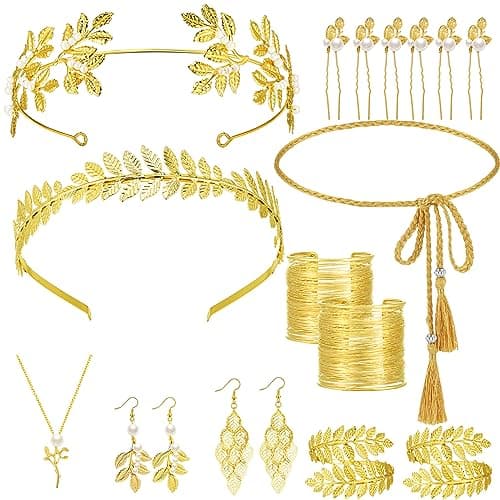 JenPen 15 Pcs Greek Goddess Costume Accessories Set Golden Leaf Crown Upper Arm Cuff Coil Bracelet Hair Headpiece Artificial Leaf Drop Earrings Necklace Toga Waist Belt for Women(Elegant)