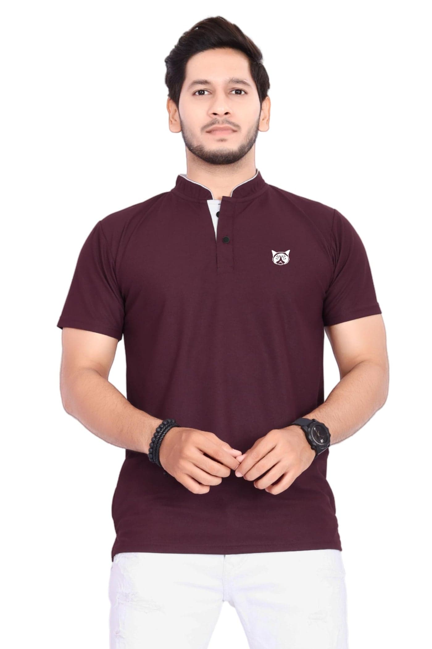 BAGHADBILLO Men's and Boy's Polyster T-Shirt with Mandarin Collared Neck Half Sleeves Closuer Button and Regular Fit | Polo t Shirt for man | Wine-M