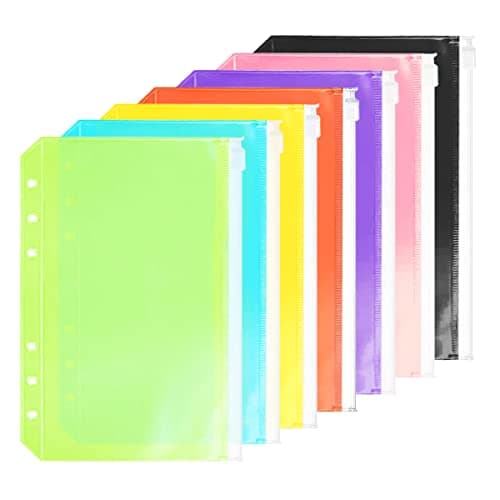 7 Pack A5 6 Holes Binder Pockets Plastic Binder Zipper Folders Waterproof 6 Holes Zipper Loose Leaf Bags Zip Lock Envelope for Documents Notebooks Cards 7 Color Zip Pocket A5