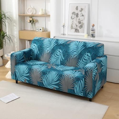HOKIPO Polyester Blend 140 Gsm Fully Covered Sofa Cover 2 Seater, Sea Blue Tropical Leaves (Ar-5128-D10)