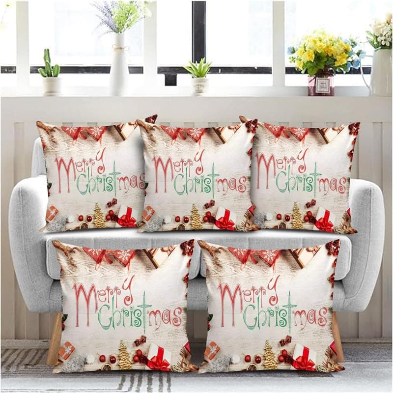 BMRGIFTS Soft Fabric Designer Decorative Printed Merry Christmas Theme Cushion Cover Xmas Decorations for Sofa Living Room Set of 5 12 x 12 inch Multi (CHMCC92)