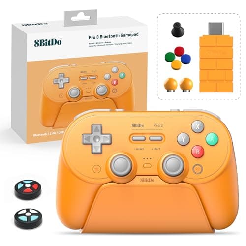 8Bitdo Pro 3 Bluetooth Controller with TMR Joysticks Swappable ABXY Buttons Pro Back Buttons Charging Dock Hall Effect Triggers for SwitchSwitch 2 Windows Apple SteamOS Android Orange