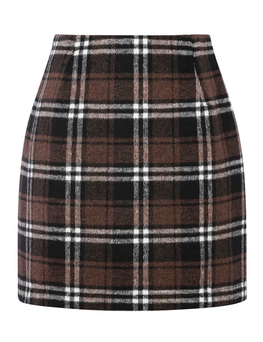 IDEALSANXUN Womens High Waist Plaid Skirt Bodycon Pencil Wool Mini SkirtsCoffee XXL