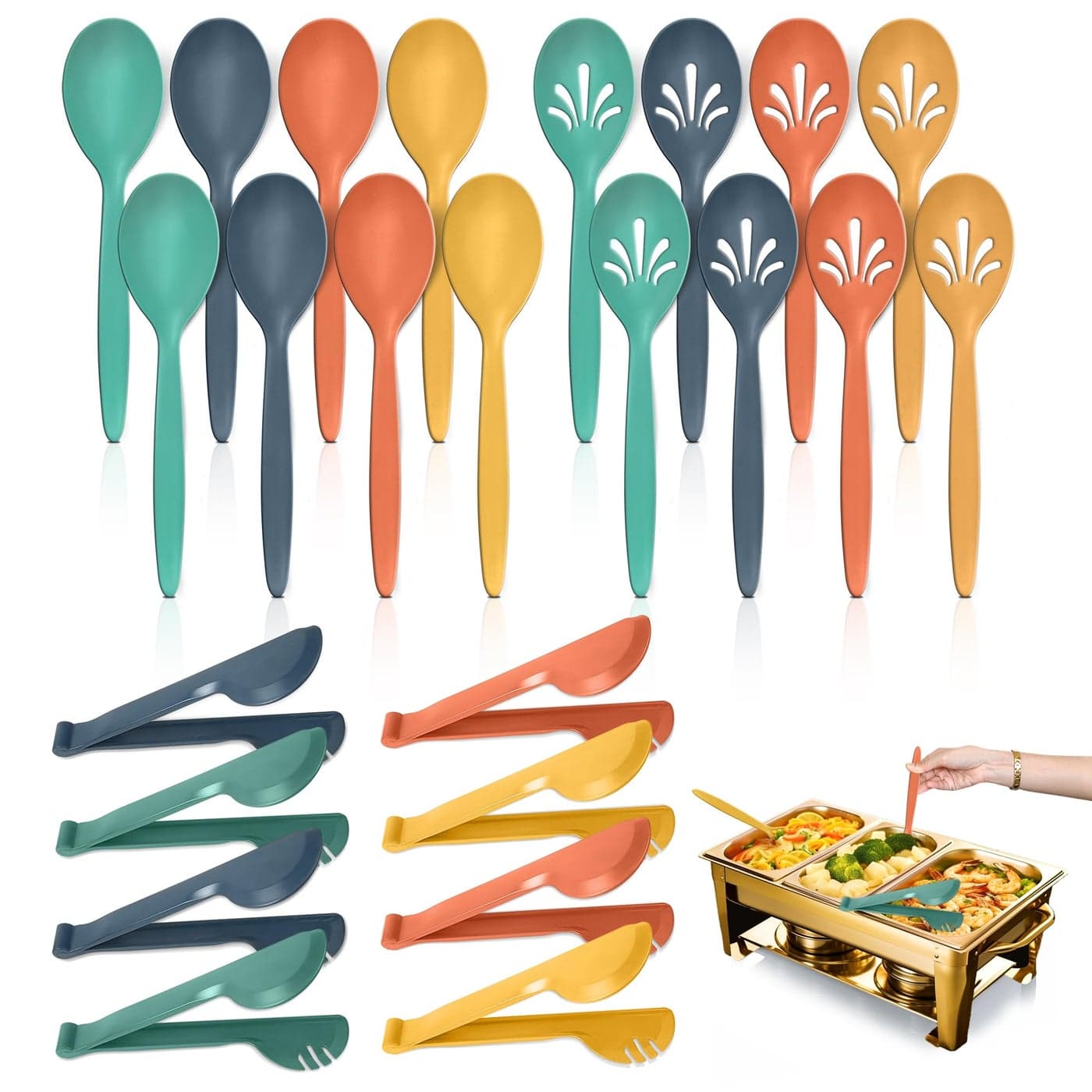RayPard Reusable Plastic Serving Utensils Set of 24 10 Wheat Straw Large Serving Set Slotted SpoonsTongs for Party Buffet Catering OrangeBlueYellowGreen Not for Cooking