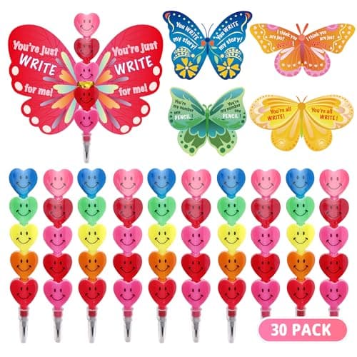 Gocozer 30 Pack Valentines Day Gifts Cards for Kids Classroom with Stacking Heart Pencils Class Valentines Day Gifts for Kids Girls Boys Valentines Pencils Party Favor Exchange Set School