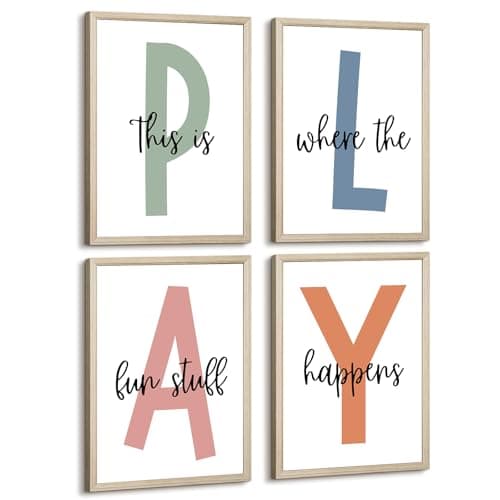 Kids Playroom Wall Art Boys Room Wall Decor Childrens Playroom Canvas Prints Baby Boy Kids Room Poster Decor Toddler Nursery Print Artwork Let'S Play Sign 12x16 Inch Set of 4 Wooden Framed