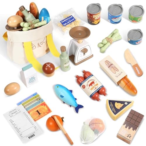 Pithfor Wooden Play Food Set for Kids Toddlers Grocery Store Pretend Play Food Pretend Grocery Shopping Play Kitchen Accessories for Boys Girls