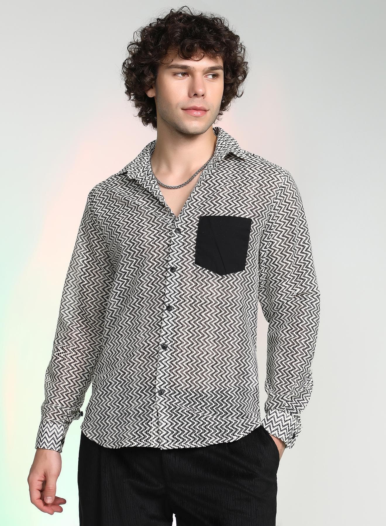 Men's Onyx Black & Cream White Zig-Zag Block Shirt
