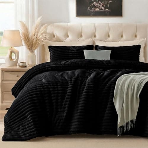 Quataly Marshmallow Queen Fleece Comforter Set Black Faux Fur Fluffy Comforter Set Luxury Bedding Set Soft Plush Fuzzy Warm Bed Set All Season 3 Pieces (1 Shaggy Comforter, 2 Pillowcases)
