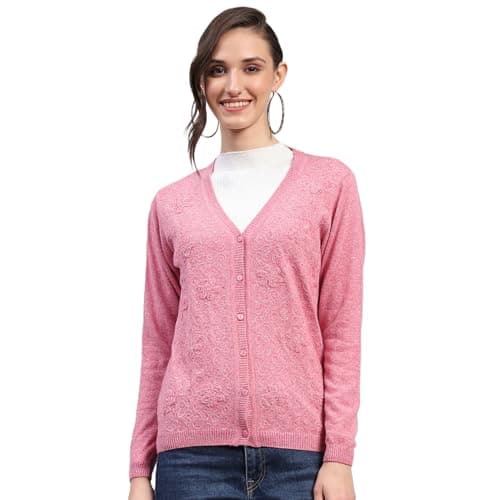 Monte Carlo Womens Self Design Pink V Neck Full Sleeve Cardigan (1243806VN-1-36)