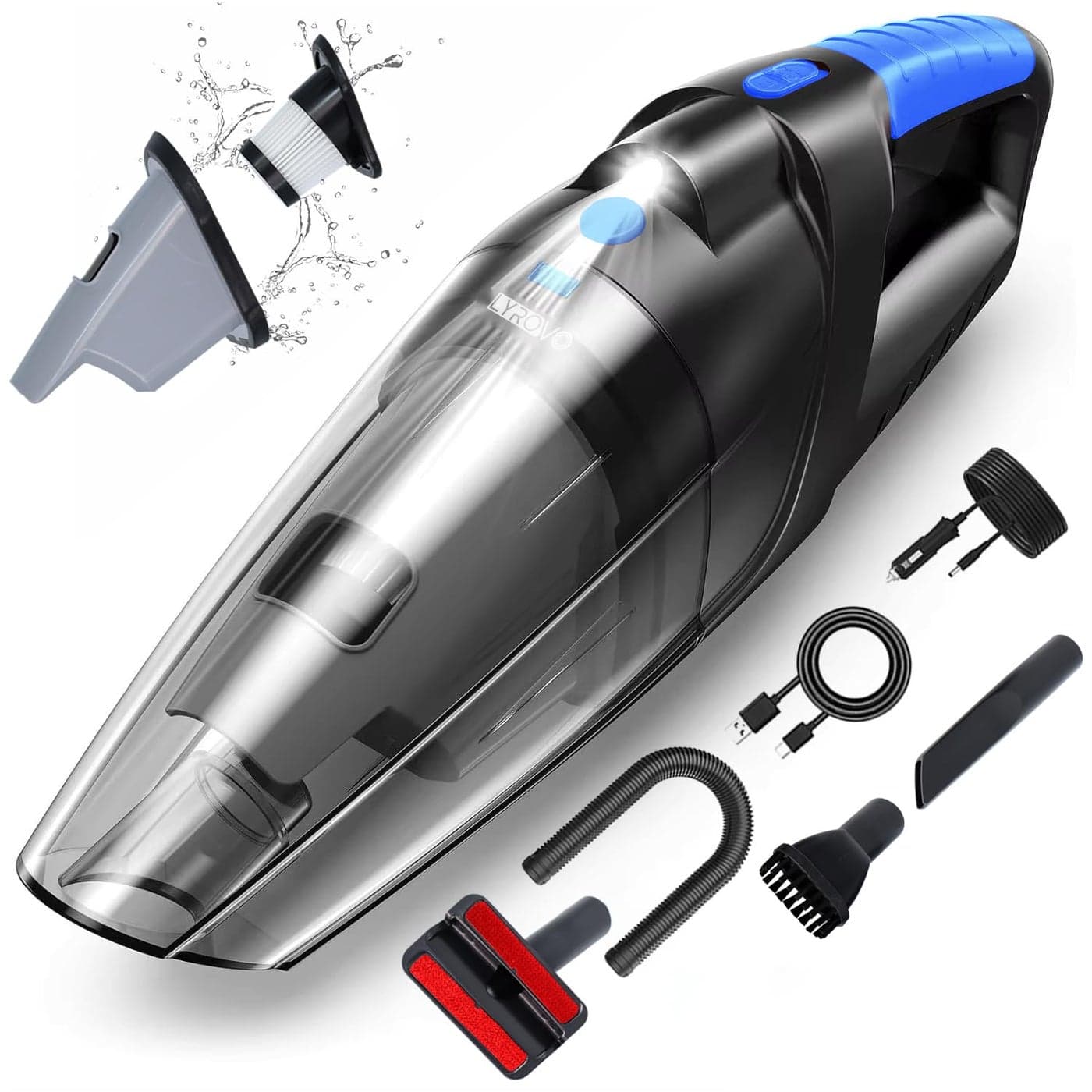 Lyrovo Vacuum Cleaner Car and Home 2 in 1 Portable Highpower 8000PA Wireless 7500mAh Cord and Cordless Function Blue