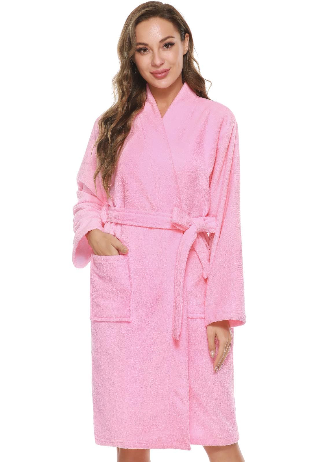 Kniffi Kimono Bathrobe for Women Terry Cloth Robes knee length towel Bathrobe Pink S
