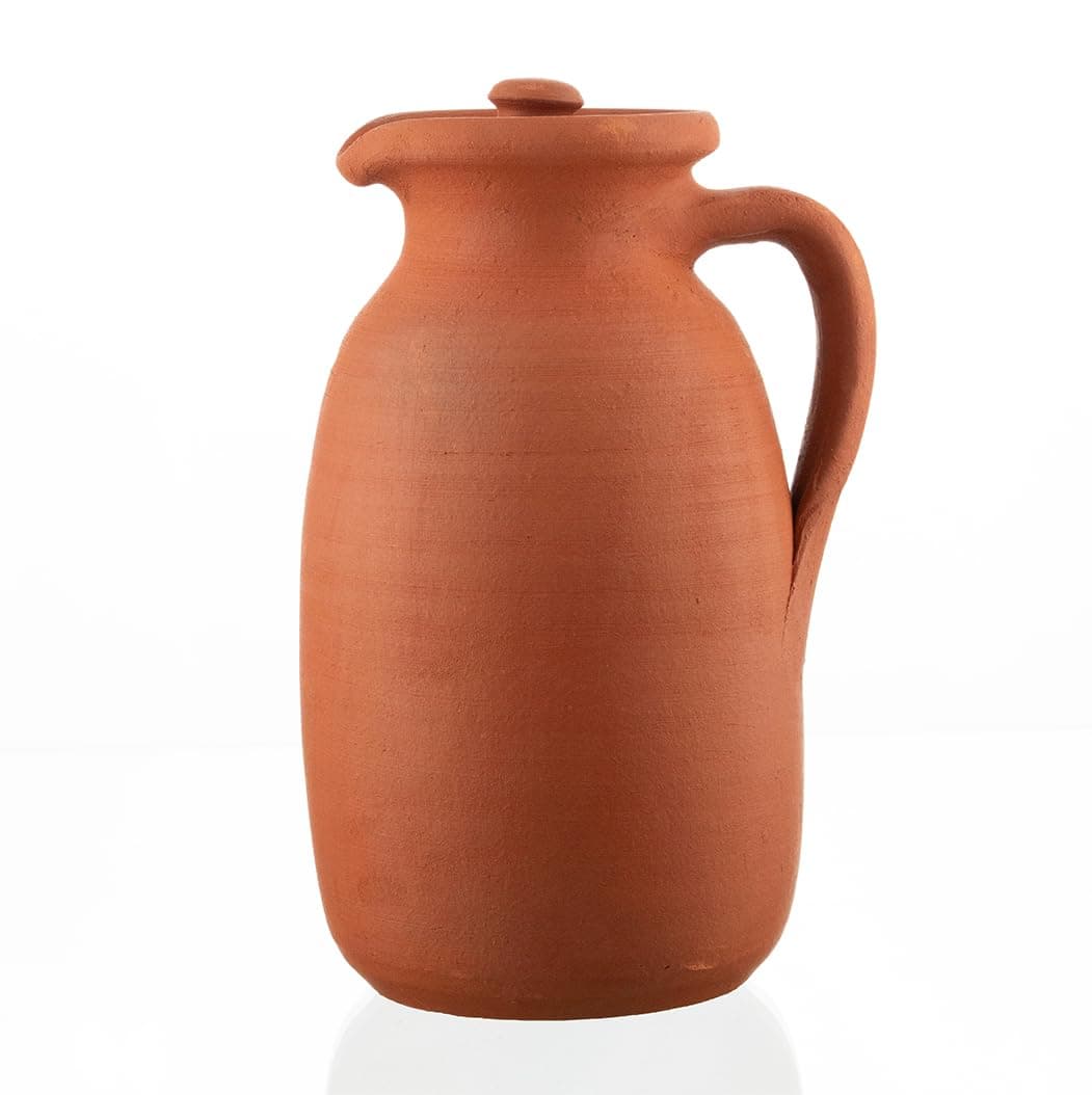 Handmade Natural Clay Terracotta Earthenware Earthen Water Pitcher Jug Pot with Lid for Drinking Drink Ayurveda Healthy Unglazed Pottery Style Indian Mud Kitchen Farmhouse Bottle Mexican Bohemian