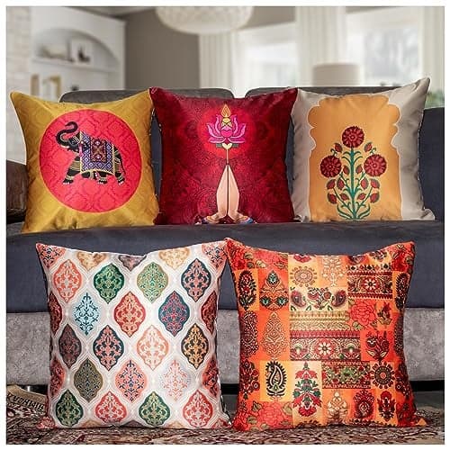 Vendola Decorative Satin Sofa Cushion Covers Set of 5, 24 Inch x 24 Inch, Sofa Pillow Cover, Ethnic Festive, Red, Yellow, Beige, Namaskar Welcome, Zipper Closure (Namaskar, 24X24 Inches)