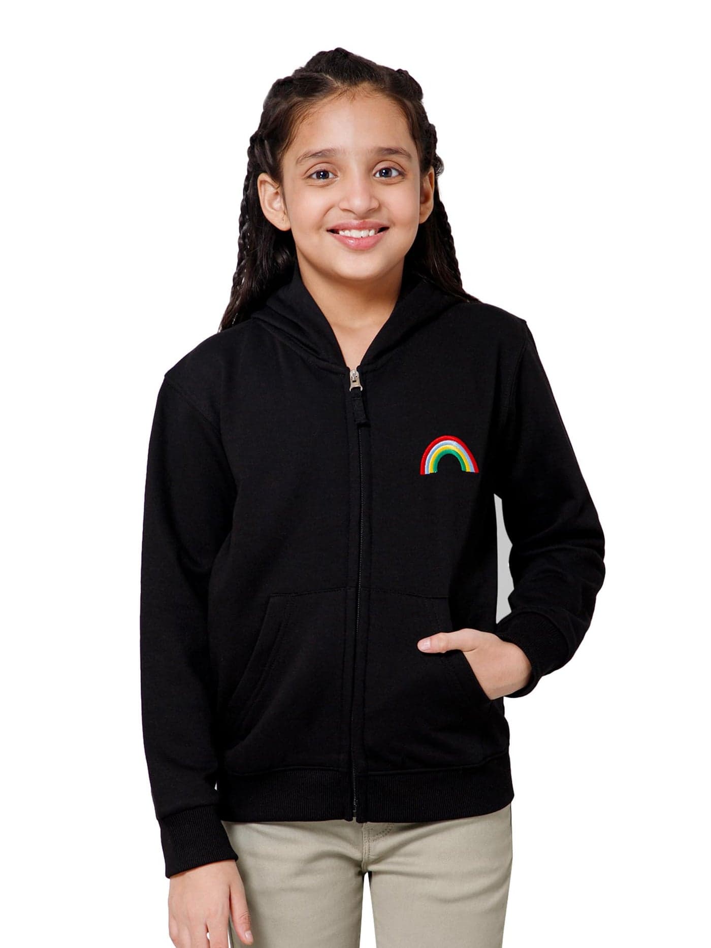 Alan Jones Clothing Girls Zipper Hooded Sweatshirt | Placement Print | Insert Pockets | Ribbed Hem | Regular Fit | Black_11-12 Years