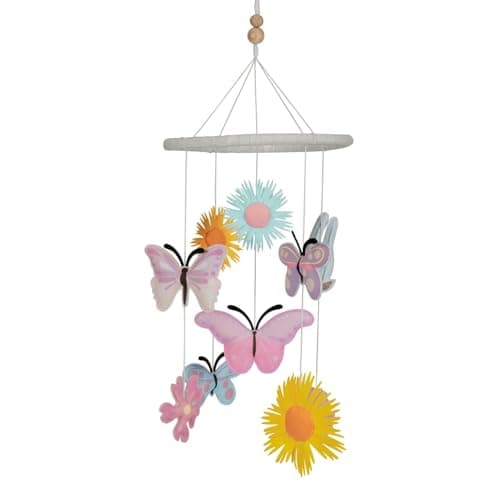 Haus and Kinder Butterfly Garden Crib Mobile - Set of 1 | Baby Nursery Mobile with Butterflies & Flowers | Soft Cotton & Wooden Ring, Pastel Colors, Soothing Motion | Non-Toxic Height 64cm