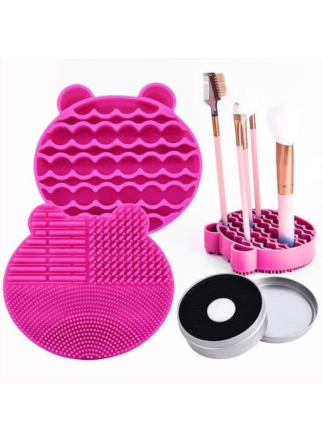 Silicon Makeup Brush Cleaning Mat with Drying Holder Brush Cleaner Mat Portable Bear Shaped Cosmetic Brush Cleaner Pad+Makeup Brush Dry Cleaned Quick Color Removal Sponge Scrubber Tool (Rose Red)