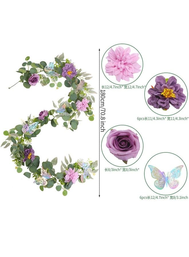 2 Pack Artificial Greenery Garland with Flowers, Leaf Eucalyptus Garland Hanging for Wedding Home Party Craft Art Table Backdrop Indoor Outdoor Decor with Fake Butterfly