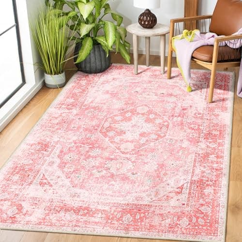 MUJOO Pink Rugs for Bedroom Girls 3'x5' Rug Washable Boho Area Rug for Living Room Small Cute Non Slip Throw Carpet for Bedside Dorm Shower Room Soft Light Pink Floral Home Decor