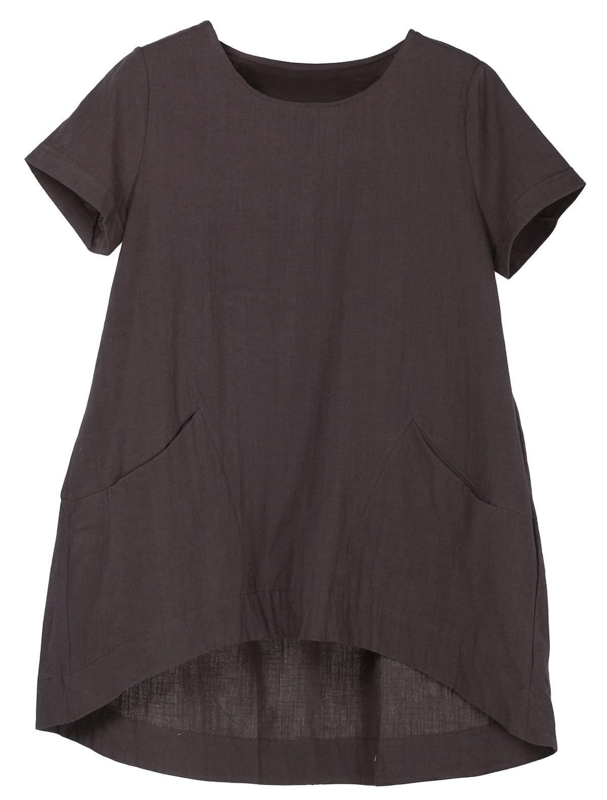 Minibee Women's Cotton Linen Short Sleeve Tunic/Top Tees (L, Dark Gray)