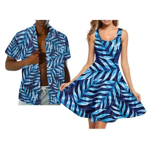 JOAIFO Blue Palm Leaf Print Matching Couple Outfits Formal Mens Summer Shirts Maxi Sundresses Soft Matching Couple Clothing Stylish Tank Dress Hawaii Shirts for Party