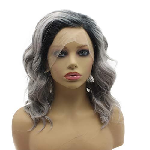 iwonawig Iewig Shoulder Length Wavy Dark Root Ombre Grey Lace Front Synthetic Party Wig