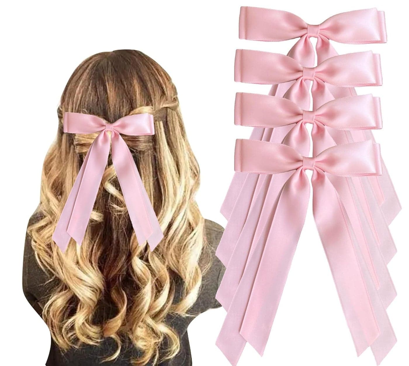 4pcs Silky Satin Ribbon Bow Hair Clips for Women Bowknot Hair Ponytail Holder Accessories for Women Girls Toddlers Teens Kids Party Wedding Prom Daily Outfits Light pink 4pcs