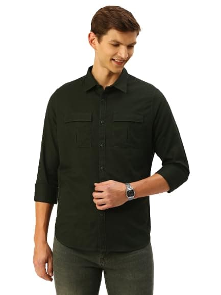 Thomas Scott Mens | Full Sleeve | Solid | Double Pockets | Slim Fit | 100% Cotton | Spread Collar | Casual | Shirt (BGreen_M)