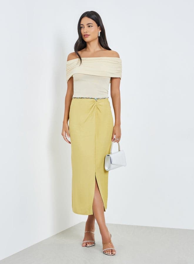 Solid Waistband Rhinestone Embellished Pencil Midi Skirt — S