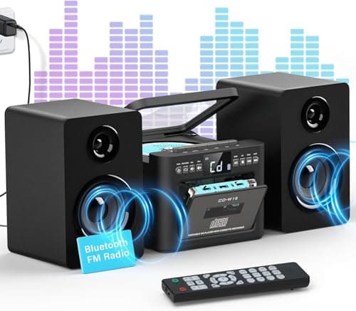 Greadio Stereo System for Home with Boombox CD and Cassette Player Combo, 40W Home Stereo System with Bluetooth, FM Radio/USB/TF/AUX/Remote Control, Detachable Wooden Bookshelf Speakers