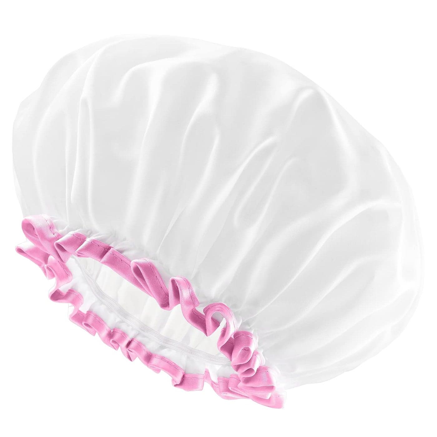 mikimini White Large Shower Cap for Women Long Hair Reusable Waterproof Double Layers Bathing Hair Cap Soft Comfortable PEVA Lining Cute Nonfading Stretchy Shower Hat XLarge Pack of 1