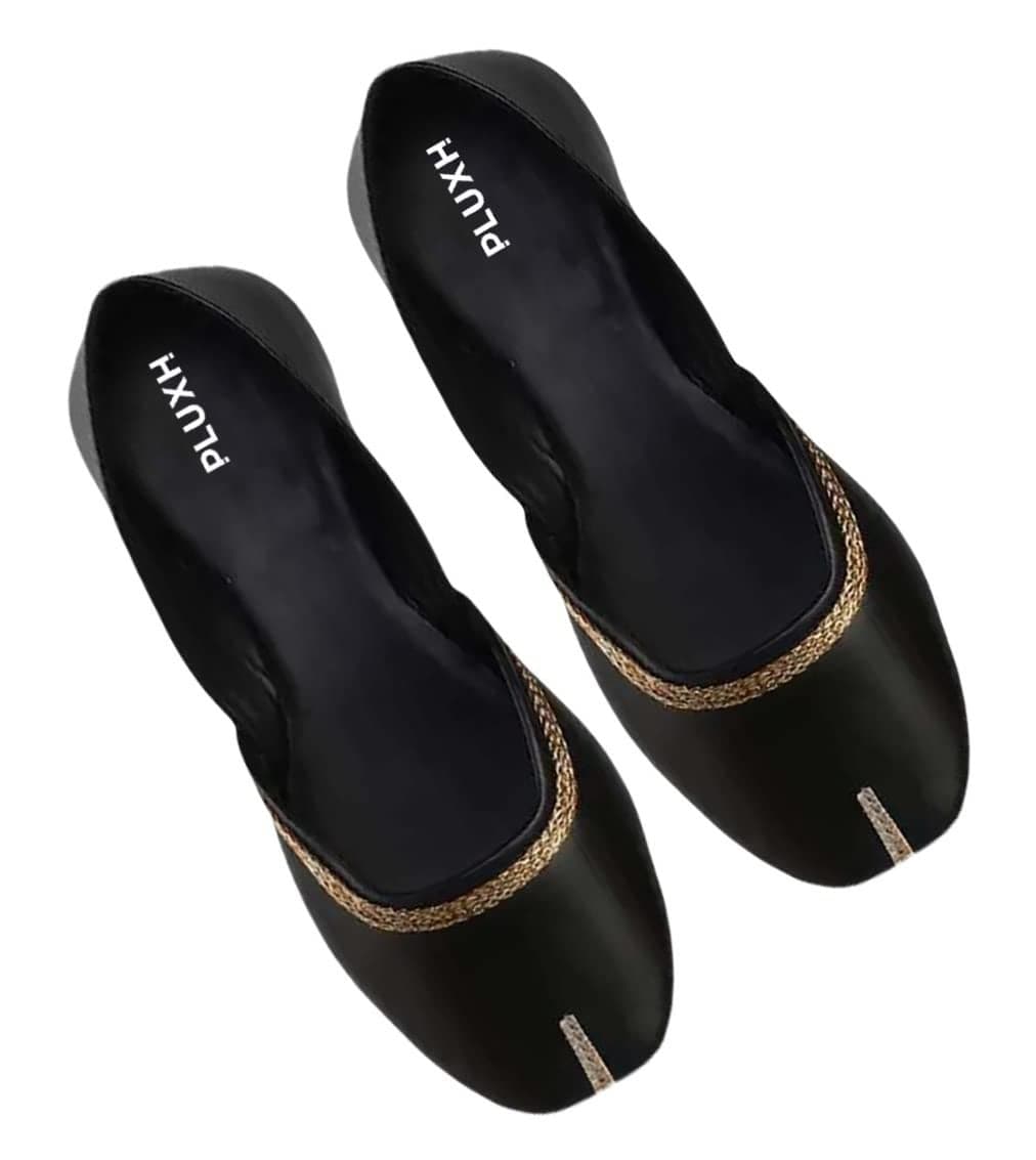 Pluxh Women’s Minimal Ethnic Jutti Flats | Soft Slip-On Mojari with Braided Trim | Lightweight Traditional Footwear for Daily & Casual Wear|5 UK Black