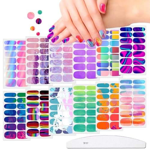 JERCLITY 12 Sheets Aurora Gradient Color Nail Polish Strips with Nail File SelfAdhesive Graffiti Cloud Rainbow Nail Stickers Full Nail Wraps for Women Kids Nail Strips Manicure Kit for Nail Art