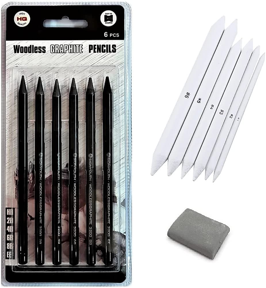 53ARTS Professional ShadingSketching kit Including Woodless Graphite Pencils Set of 6 Paper BlendersPaper Stumps Set of 6 KneadableKneaded Eraser 1
