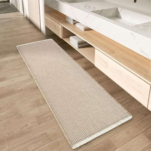 AMOAMI Upgraded Waffle Runner Rug Super Absorbent Non Slip Bath Mats for Bathroom Machine Washable Bathroom Runner Rug with Tassels, Ideal for Hallway Bedroom Laundry Room, 2' x 4', Brown & Cream