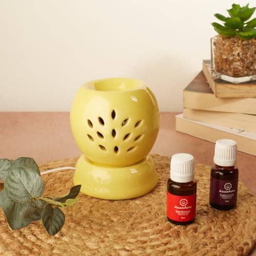 Asian Aura Ceramic Electric Round Shaped Aroma Diffuser| Aroma Oil Burner for Aromatherapy| Home Decor & Fragrance with Aroma Oils(English Lavender & Rosy Romance Fragrance 10ml Each) (Yellow)