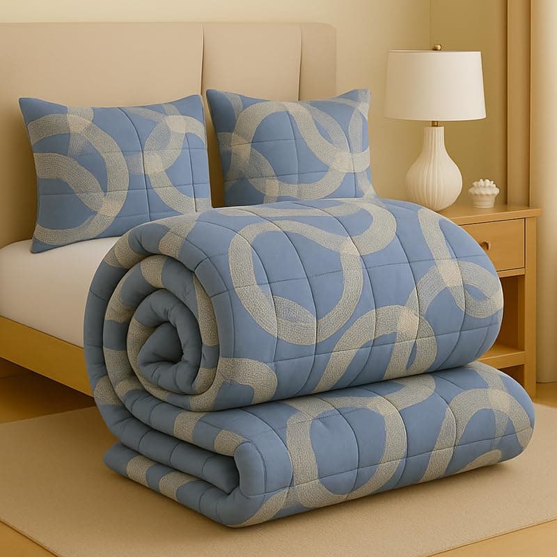 BSB HOME Premium Microfiber Printed Double Bed Comforter with 2 Matching Pillow Covers | All-Season Reversible AC Blanket for Winter & Summer | Soft & Lightweight Quilt for Double Bed - Dusty Blue