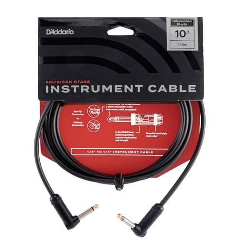 D'Addario Guitar Cable - American Stage - Made in the USA - Geo Tip for Secure Connection - 1/4 Inch Male to 1/4 Inch Male - 10 Feet - Right Angle Ends - 1 Pack