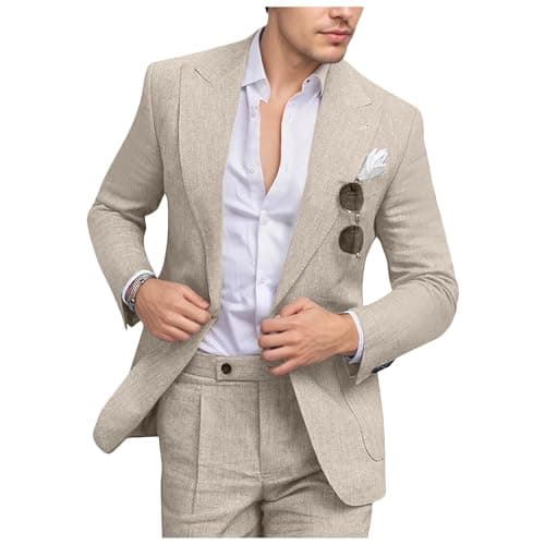 Fesenbo Mens Casual Suits Beige Linen Suit Slim Fit 2 Piece Lightweight Jacket and Dress Pants Set Groomsmen Suit for Wedding S